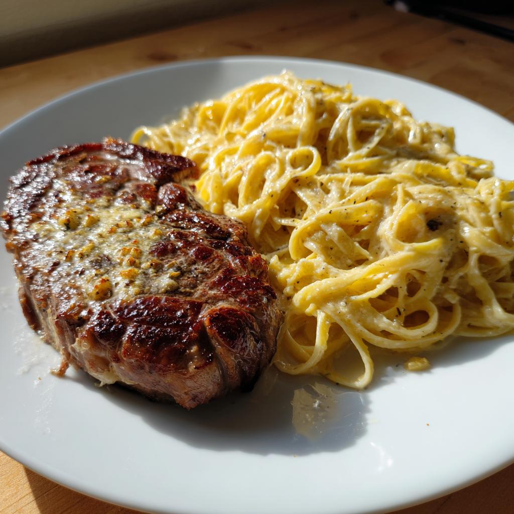 Knoblauchbuttersteak mit käsiger Linguine – köstlich in 35 Minuten!