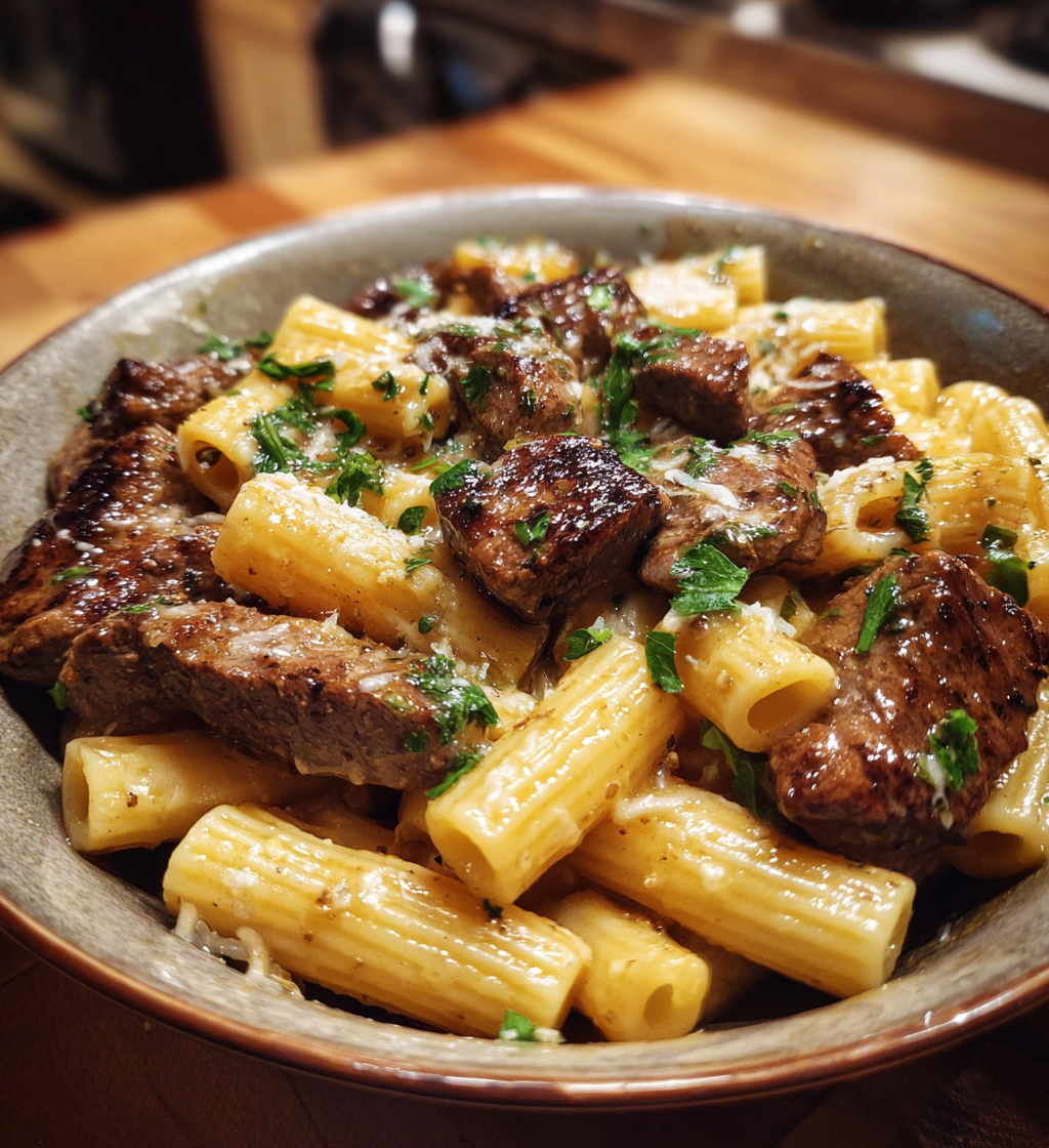 Cremige Käse-Rigatoni mit Knoblauchbutter-Steak – Ein Festmahl für Genießer