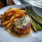 Saftiges Hähnchenfilet in Knoblauchsahnesauce mit Pommes und gegrilltem Spargel