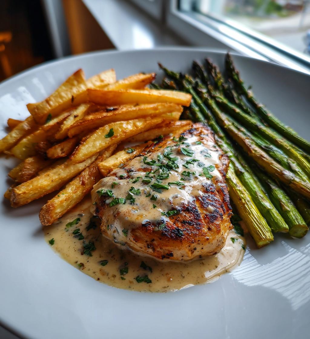 Saftiges Hähnchenfilet in Knoblauchsahnesauce mit Pommes und gegrilltem Spargel