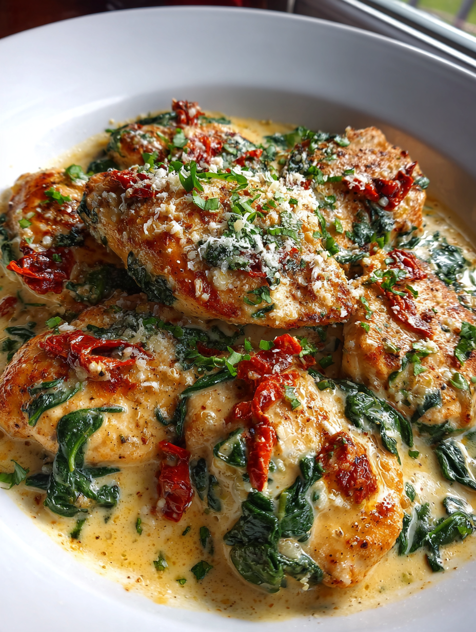 Cremige Toskana-Hähnchenpfanne Rezept: Herrlich Reichhaltig und Einfach: Cremig und voller Geschmack mit Spinat und Tomaten