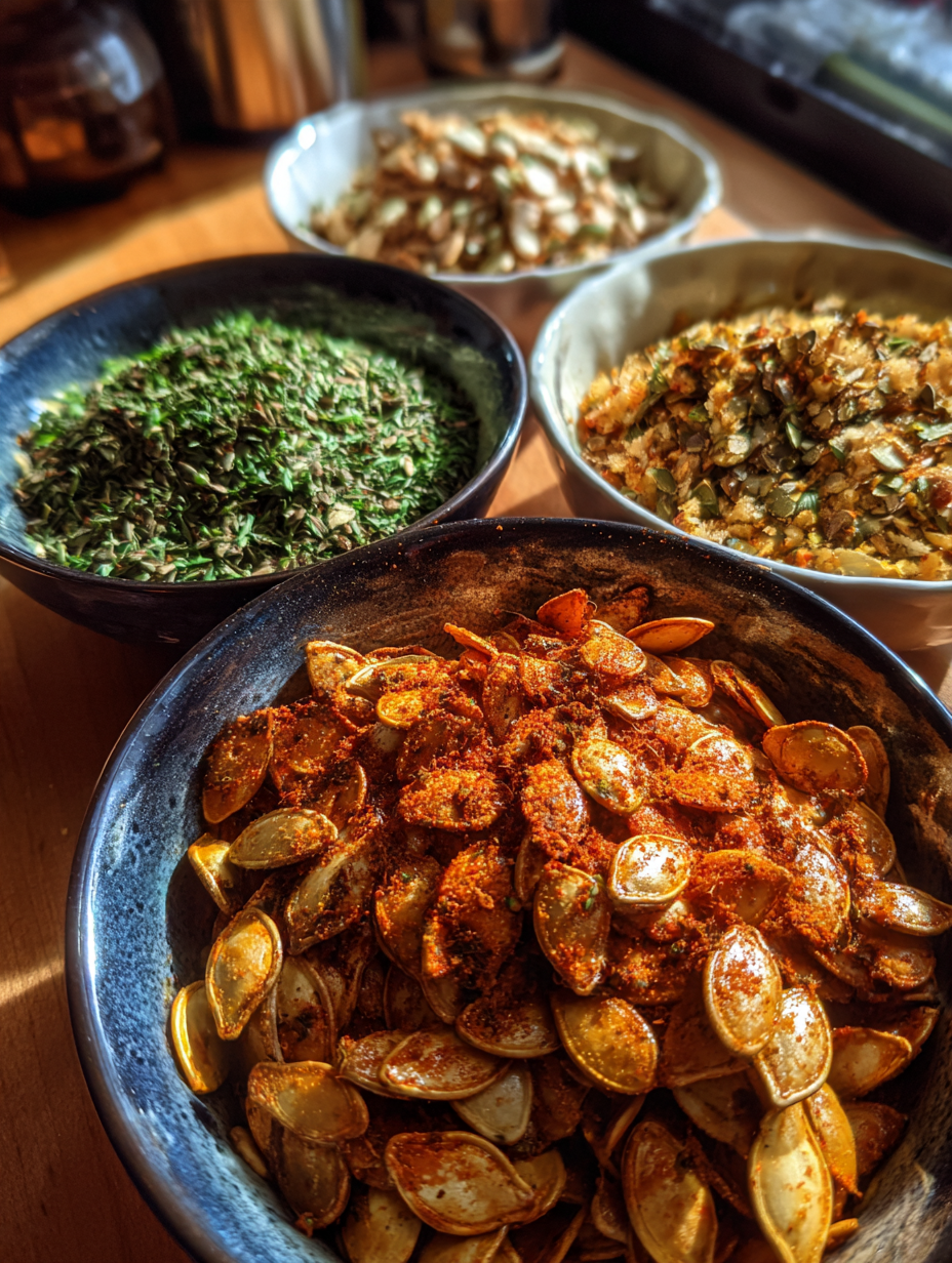 Geröstete Kürbiskerne – 3 Geschmacksvarianten: Leckeres Herzhaftes Trio: Knusprig mit Paprika, Knoblauch und Kräutern